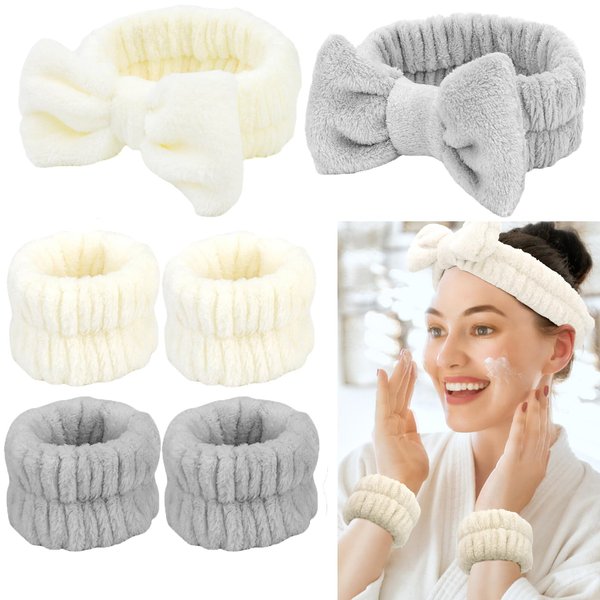 Canitor Spa Headband Wristband Set Skincare Headband for Washing Face Makeup Headband Wrist Bands Wrist Towels Preppy Teen Girl Gifts Trendy Stuff Make Up Accessories (gray+beige)