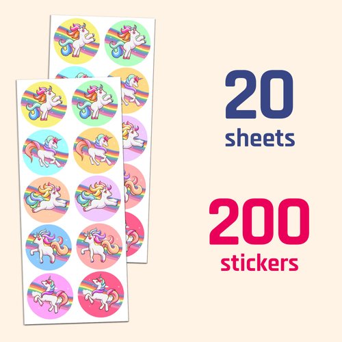Unicorn Sticker Sheets for Kids, 1.5" - 20 Sheets, 200 Stickers