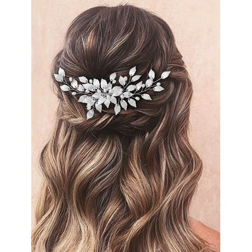 Easedaily Leaf Bride Wedding Hair Comb Silver Pearl Bridal Hair Piece Hair Accessories for Women and Girls