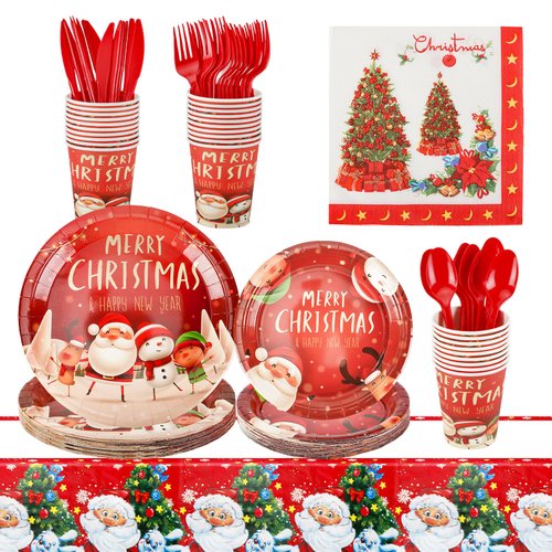Qonmpcvu 169 Pcs Christmas Paper Plates Napkins Merry Chirstmas Banner Party Decorations, Santa Gingerbread House Snowman Xmas Holiday Party Tablecloth Supplies Disposable Dinnerware Set Serve 24