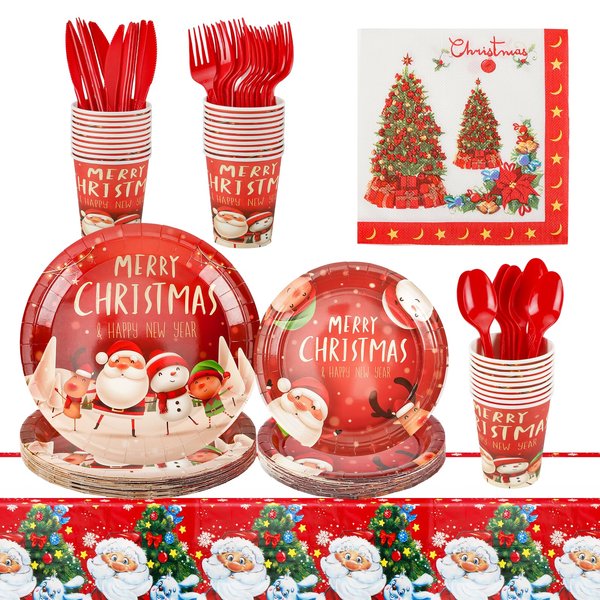 Qonmpcvu 169 Pcs Christmas Paper Plates Napkins Merry Chirstmas Banner Party Decorations, Santa Gingerbread House Snowman Xmas Holiday Party Tablecloth Supplies Disposable Dinnerware Set Serve 24