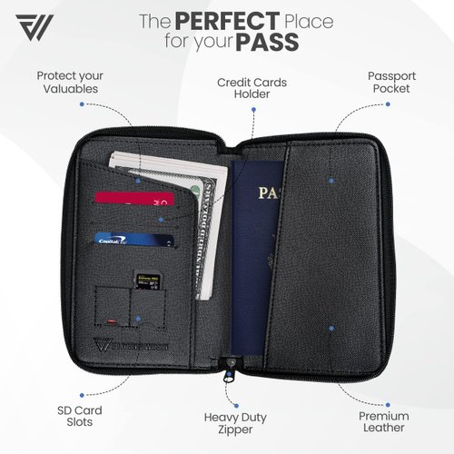RFID Blocking Waterproof Passport Holder & Luggage Tag Set with Zipper Closure & Sim Pockets | Lightweight PU Leather Passport Wallet for Men & Women | Travel Wallet Organizer | Black