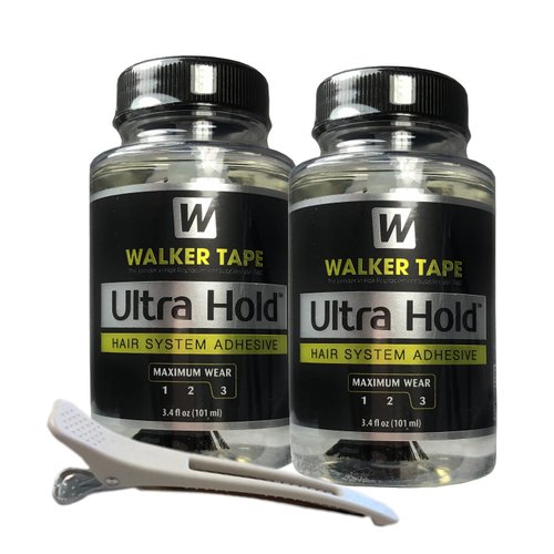 2pcs Ultra Hold Hair System Adhesive 3.4oz w/White Hair Clip Bundle Pack | Waterproof Invisible Long-Lasting | Front Bonding Weave Toupees Wigs Extensions Lace Wig Glue | Bold Hold Adhesive