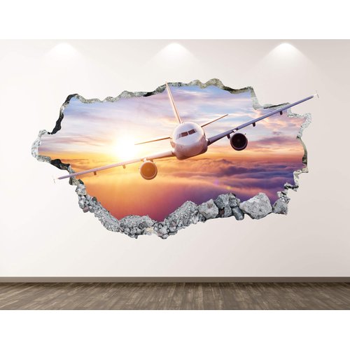 Jet Airplane Wall Decal Art Decor 3D Smashed Jumbo Plane Sticker Poster Kids Room Mural Custom Gift BL194 (30"W x 18"H)