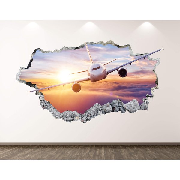 Jet Airplane Wall Decal Art Decor 3D Smashed Jumbo Plane Sticker Poster Kids Room Mural Custom Gift BL194 (30"W x 18"H)