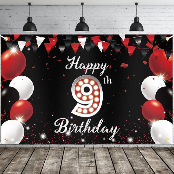 JOYKY Happy 9th Birthday Banner, Red Black Happy 9th Birthday Party Decorations for Boys Girls, 9 Year Old Birthday Supplies Backdrop Décor, 5.9 X 3.8 Fts