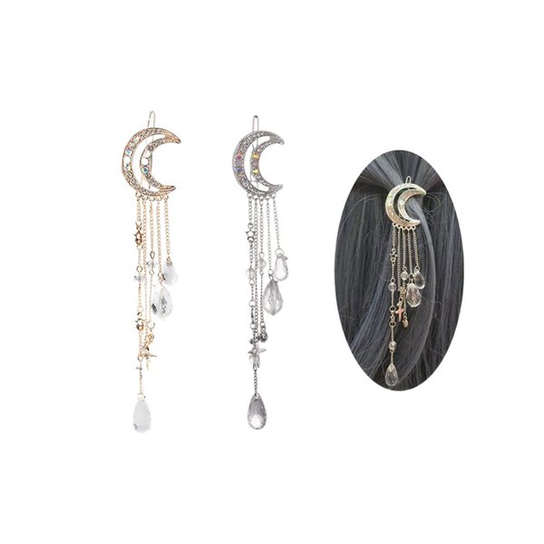 2 Pack Romantic Rhinestone Crescent Moon Star Charm Hair Clips, Crystal Beads Tassel Drop Hair Pins Chain Hairpin for Women Girls Bridal Jewelry Hair Accessories (Silver, Gold)