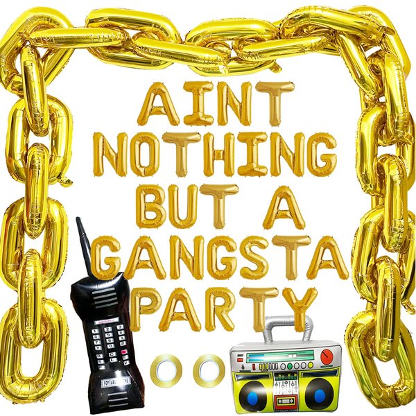 Aint Nothing But A Gangsta Party Balloon Banner Hip Hop Party Decorations Gold Jumbo Chain Balloons Inflatable Mobile Phone Radio Boombox Backdrop for 70s 80s 90s Hippie Retro Party Decor Supplies