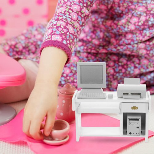 1 Set Miniature Computer Wood Mini Office Desk Toys Mini Office Desk for Crafts Tiny House Computer Model Miniature Office Ornament for Kids Doll House(White)