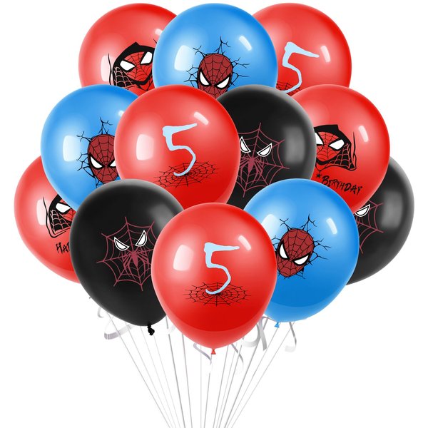 Cartoon Heroes Spider Pattern Birthday Decorations, Spider Pattern 5th Birthday Balloons, 12inch Red Black Blue Latex Balloons Party Decorations for Kids Boys Cartoon Theme Birthday Party Supplies