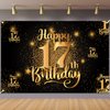 Happy 17th Birthday Backdrop Banner Step and Repeat 17 Years Old Background Decorations for Women Men Her Him Photography Party Supplies Glitter Black Gold