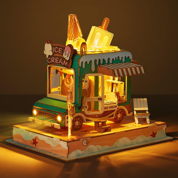 FUNPOLA 3D Wood Puzzle Ice Cream Truck Model - DIY Miniature Food Truck Dollhouse Vehicle Craft Kit with LED Lights - Perfect Creative Gift for Kids and Adults (Ice Cream Truck)