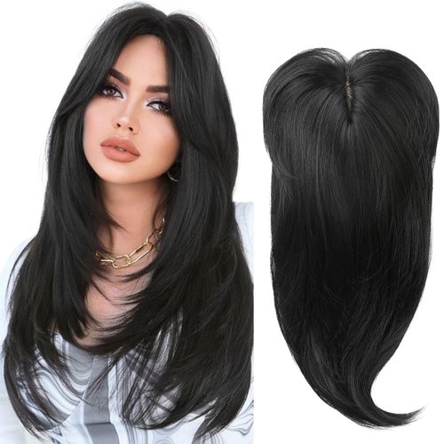 JWLFLOWXISS Hair Toppers, 18" Slightly Curled Ends Wiglets Hair Topper Clip in Crown Topper Hair Extensions Long Layered Wig Topper with Side Bangs Synthetic Hairpieces for Women
