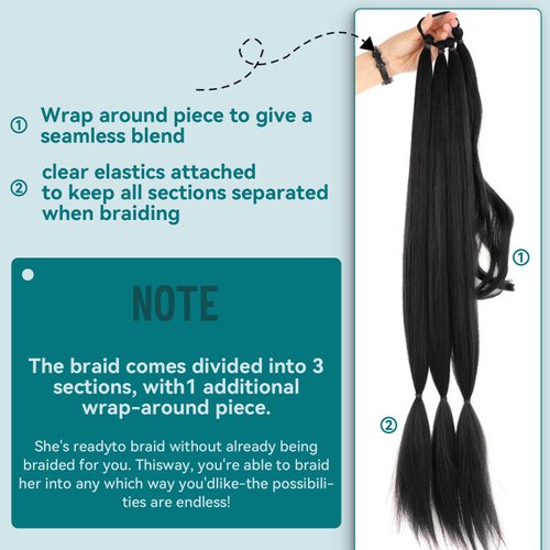 EMMOR Long Braided Ponytail Extension with Hair Straight Wrap Around Ponytail Hair Extensions with Hair Tie Soft healthy Synthetic Hair Piece for Women girls Daily(33 inch Black ）