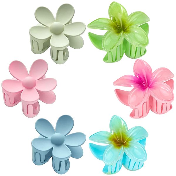 Flower Hair Clips, Hawaiian Plumeria Hair Clips for Thin Hair, Preppy Flower Claw Clip, Hawaii Hair Accessories for Thick Hair, 6 Pack Big Cute Hair Clips for Women Girls