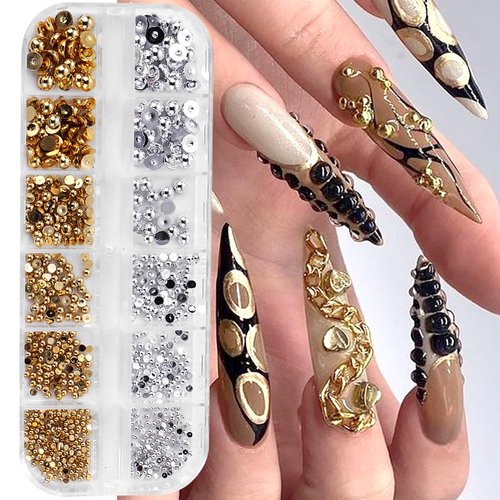 12 Grids/Box Gold Silver Pearls for Nails 3D Half Round Pearl Nail Charms Metal Nail Pearls for Nail Art Supplies Caviar Beads Pearl Charms for Nails Design Flatback Pearl Nail Beads Nail Decorations