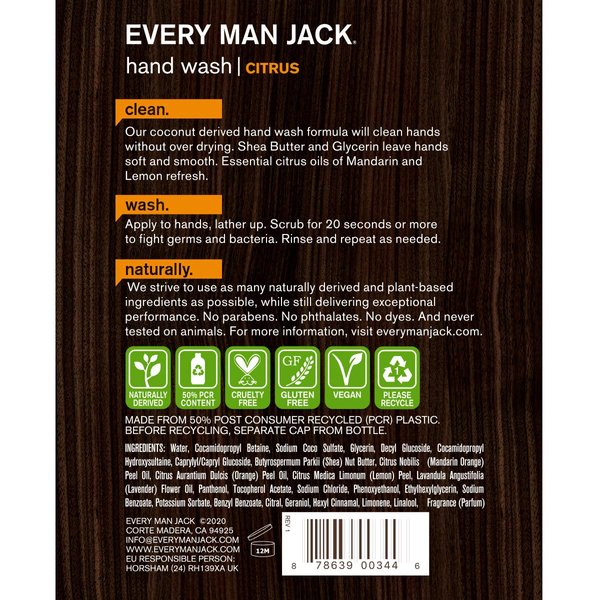 Every Man Jack Hand Wash - Citrus |12-ounce Twin Pack - 2 Bottles Included | Naturally Derived, Certified Cruelty Free, Gluten Free ,Vegan