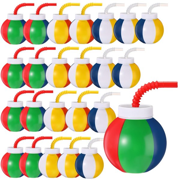 Amyhill 24 Set Beach Theme Party Supplies Beach Ball Favor Cups with Straws and Lids, 10 oz Plastic Swimming Pool Ball Cups Bulk for Kids Beach Birthday Theme Party Summer Pool Ball Party