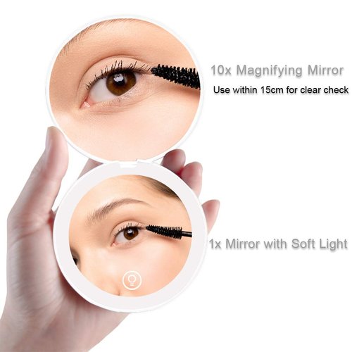 Milishow Compact Mirror with LED Light,1x/10x Magnifying Rechargeable Mirror,3.5in Pocket Mirror, Dimmable Travel Mirror for Purse,Pocket,Handheld 2-Sided Makeup Mirror (White 1Pack)