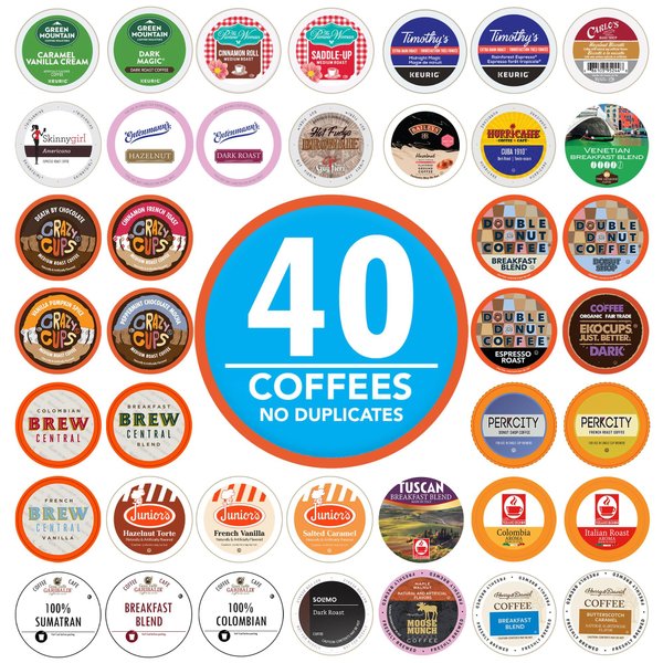 Coffee Pods Variety Pack Sampler, Assorted Single Serve Coffee for Keurig K Cups Coffee Makers, 40 Unique Cups - Great Coffee Gift