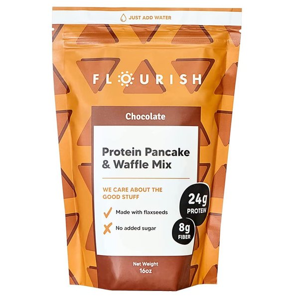 Flourish - Protein Pancake & Waffle Mix, Whey Protein Isolate & Flax Seed, Non-GMO, No Added Sugar, Superfood, High Protein & Fiber, Just Add Water - Chocolate, 16oz