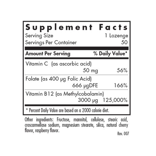 Allergy Research Group B12 Methylcobalamin Supplement - Vitamin B12 and Folate, with 400mcg Folic Acid, Pure, Vegetarian Lozenges - 50 Count