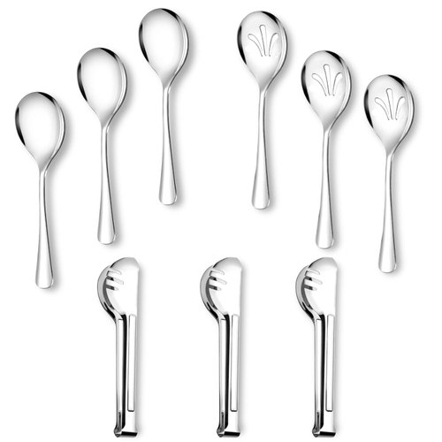 Stainless Steel Large Serving Utensils Set 9 Pcs - Lightweight Smooth Finish Slotted Spoons, Tongs & Serving Spoons for Buffet - Rust Resistant & Easy to Clean Silver