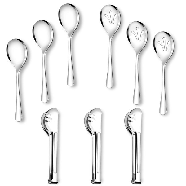 Stainless Steel Large Serving Utensils Set 9 Pcs - Lightweight Smooth Finish Slotted Spoons, Tongs & Serving Spoons for Buffet - Rust Resistant & Easy to Clean Silver