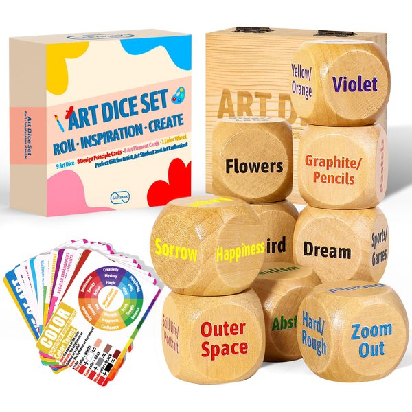 Garybank Inspiration Art Dice Gifts for Artists, W/Art Principles Cards - Color Wheel & Painting Knowledge, Drawing Games Art Supplies for Women, Art Stuff Set of 9 Dice, Cool Artist Teacher Gifts