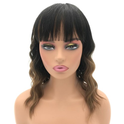 JOLNVCA Short Wavy Bob Wig with Bangs Black Ombre Brown Wigs Women Girls Shoulder Length Bob Curly Wigs Heat Resistant Synthetic Wig Daily Party Cosplay Wig