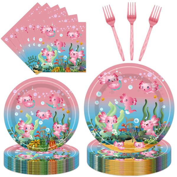 96pcs Axolotl Birthday Party Supplies - Pink Reptile Animals Axolotl Plates Napkins Forks Disposable Tableware Set Girl Axolotl Party Decorations Serves 24 Guests