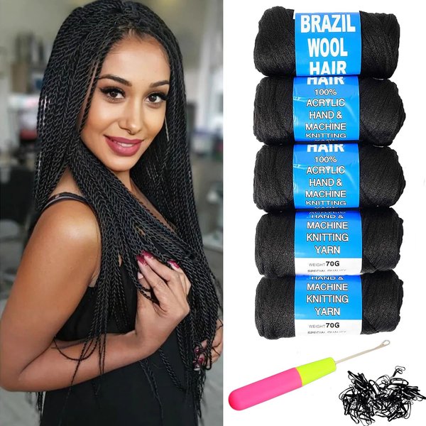 Brazilian Wool Hair Acrylic Yarn 100% 5PCS for African Crochet Braid/Box Braids/Jumbo Braiding/Senegalese Twist/Faux Locs/Twist Wraps Synthetic Fiber Hair Extensions Natural Black Color