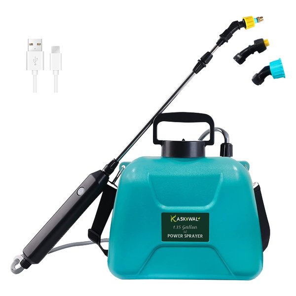 Battery Powered Garden Sprayer with 3 Mist Nozzles, 1.35 Gal Lawn Water Sprayer with USB Rechargeable Handle and Telescopic Wand, Portable Electric Sprayer with Shoulder Strap for Gardening, Cleaning