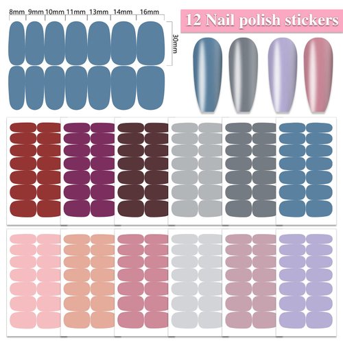 WOKOTO 12 Sheets 168 Pcs Solid Color Nail Polish Strips Full Nail Stickers for Women Nail Art Wraps Self Adhesive Solid Full Nail Wraps Sticker Nails for Women Gilrs with Nail File Gel Nail Strips