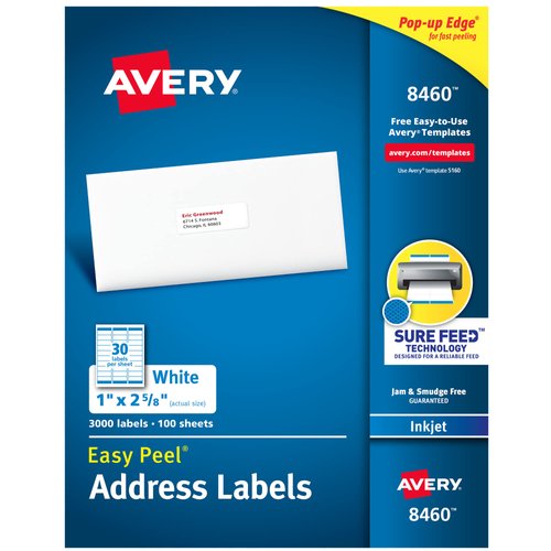 Avery Easy Peel Printable Address Labels with Sure Feed, 1" x 2-5/8", White, 3,000 Blank Mailing Labels (08460)