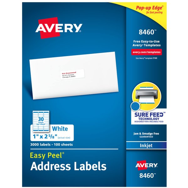 Avery Easy Peel Printable Address Labels with Sure Feed, 1" x 2-5/8", White, 3,000 Blank Mailing Labels (08460)