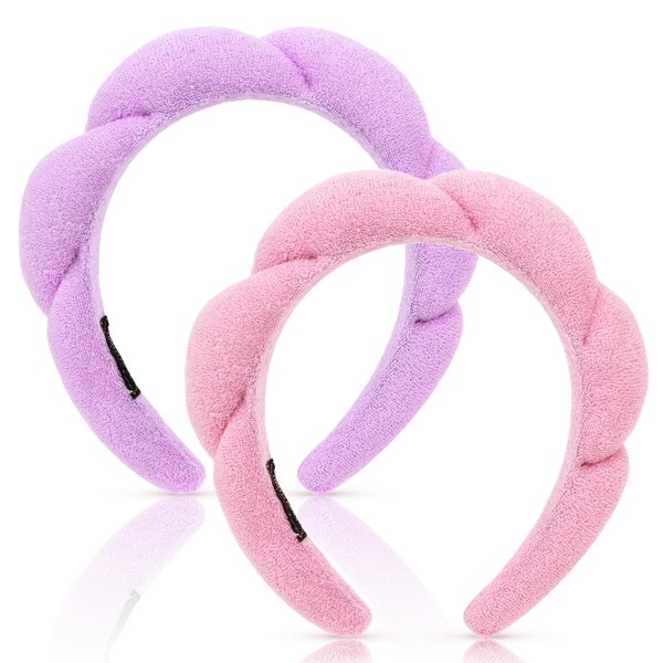 Wecoe 2pcs Skincare Headband For Washing Face Makeup Spa Headband Face Wash Headband Cute Pink Purple Puffy Sponge Bubble Headband Hair Accessories For Women Girls Kids Teens Gifts