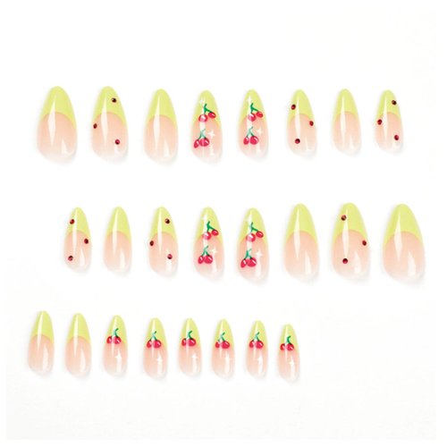 Hkanlre Almond Press on Nails Medium Cherry Fake Nails Acrylic French Green False Nails Glossy Full Cover Nails for Women and Girls 24PCS