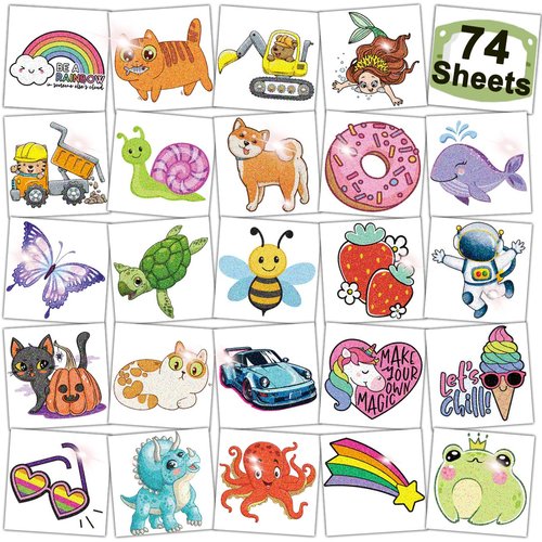 CHARLENT Glitter Temporary Tattoos for Kids - 74 Individually Sheets Mixed Tattoos for Kids Party Supplies