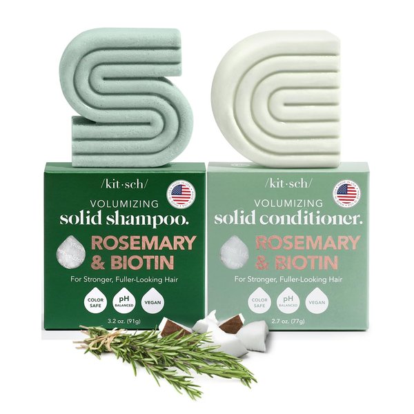 Kitsch Rosemary & Biotin Shampoo and Conditioner Bar Set for Thinning Hair - 2pc Volume Shampoo Bar & Conditioner Bar for Hair Growth for Men and Women, Hair Thickening & Regrowth Combo, Paraben Free