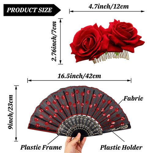 2 Pieces Women Rose Flower Hair Clip and Embroidered Sequins Fabric Handheld Folding Fan Hair Accessories for Flamenco Dancer Costume Accessories Girl Halloween Cosplay Party (Red)