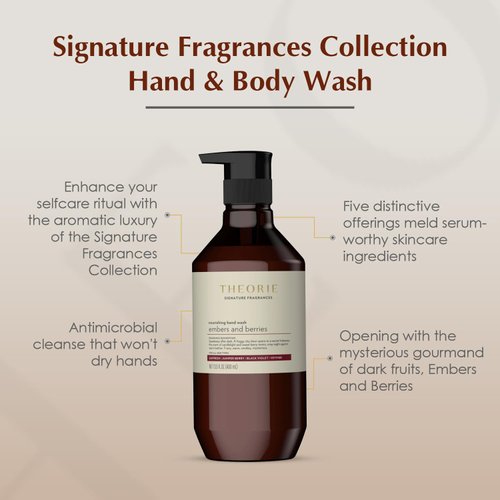 Theorie Embers and Berries Hand and Body Wash - Signature Fragrances Collection - Vegan, Luxury Soap with Notes of Saffron, Juniper Berry, Black Violet & Vetiver, Pump Bottle 400mL