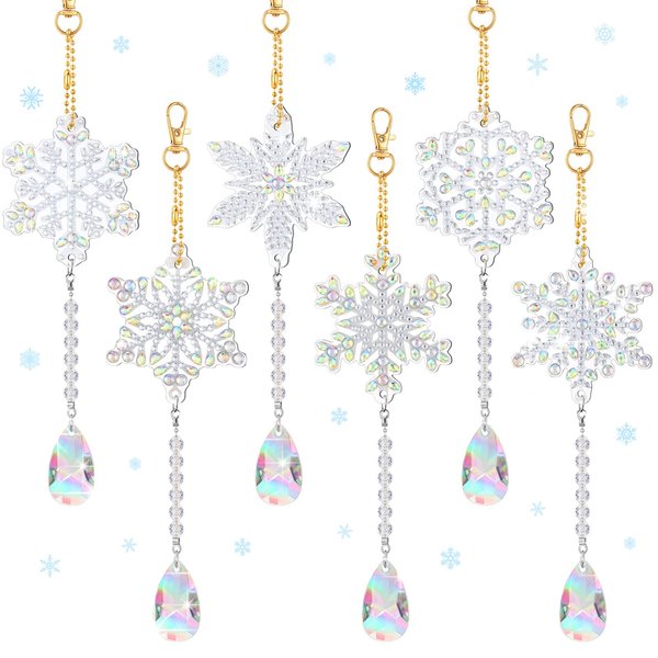 6 Pieces Winter Snowflake Painting Kits Double Sided Painting Suncatchers Wind Chimes Hanging Diamond Accessories for Kids DIY Crafts Christmas Home Windows Decoration