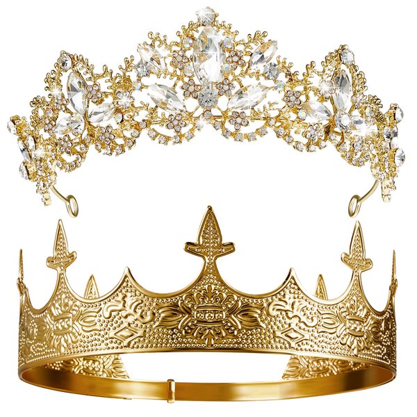 Sureio 2 Pcs Antique Royal King Crown for Men Baroque Queen Crown for Wedding Birthday Women Crystal Tiara Prom Accessories Graduation Costume Party Hair Accessories(Elegant Style)