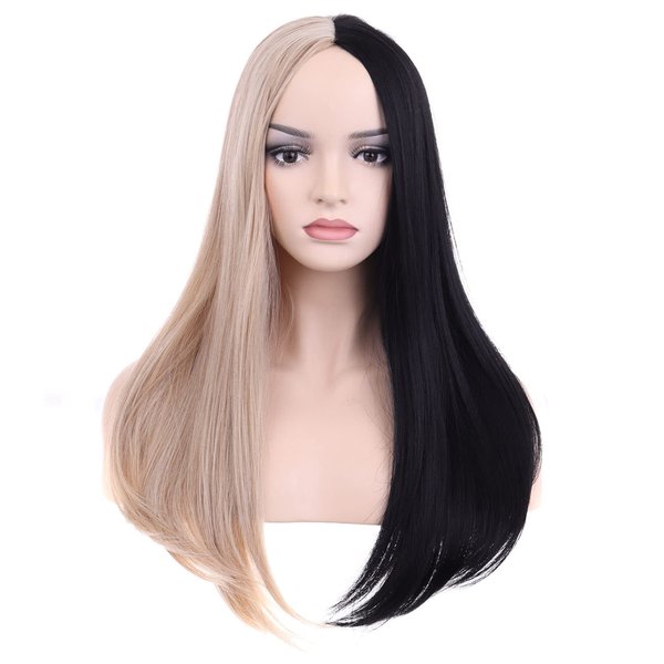 PATTNIUM Black and Blonde Wig Long Straight Wig Black Blonde Wig for Women Split Wig Two Tone Wig Half Black Half Blonde Wig Middle Part Wig Heat Resistant Synthetic Wig Halloween Cosplay Costume Wig (Black and Blonde)