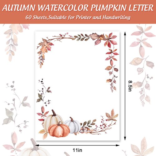 AnyDesign 60 Sheet Fall Watercolor Stationery Letterhead Paper Pumpkins Maple Leaves Pattern Writing Paper Autumn Paper Notes Greeting Paper for Thanksgiving Party Invitations Printing, 8.5x11 Inch