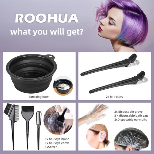 ROOHUA Hair Coloring Kit 12 Pcs Hair Dye Kit - Hair dye brush and bowl set,Hair agitator,Hair Clips and disposable gloves shower caps and ear muffs DIY Hair Coloring Tools