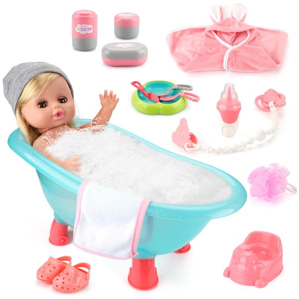 SUKIPIN Baby Doll Bath Set, Bathtub Baby Doll Playset for Todders, for 3 4 5 Year Old Girls, Party Favors Toys Stocking Stuffers for Toddlers Kids (Bathtub Set)