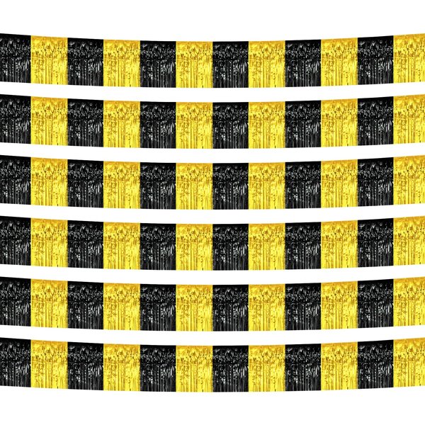 6 Pack 10 Feet Black Gold Foil Fringe Garland Metallic Tinsel Streamers Banner Wall Hanging Curtain Backdrop Banner for Parade Floats, Thanksgiving, Christmas, Birthday, Halloween Party Decorations