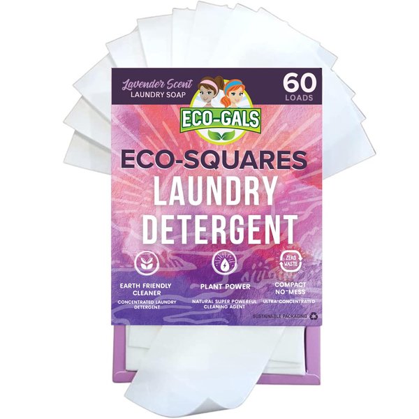 Eco-Gals Eco-Squares laundry detergent sheets with zero waste dry soap technology for cleaning linen and clothes in regular and high efficiency top and front load washing machines, Lavender